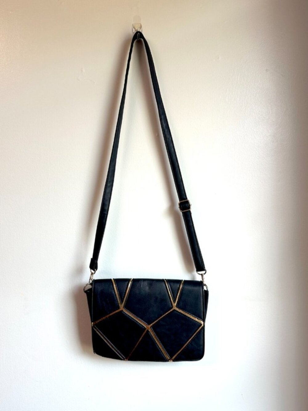 Geometric Patchwork Black & Gold Crossbody Shoulder Bag